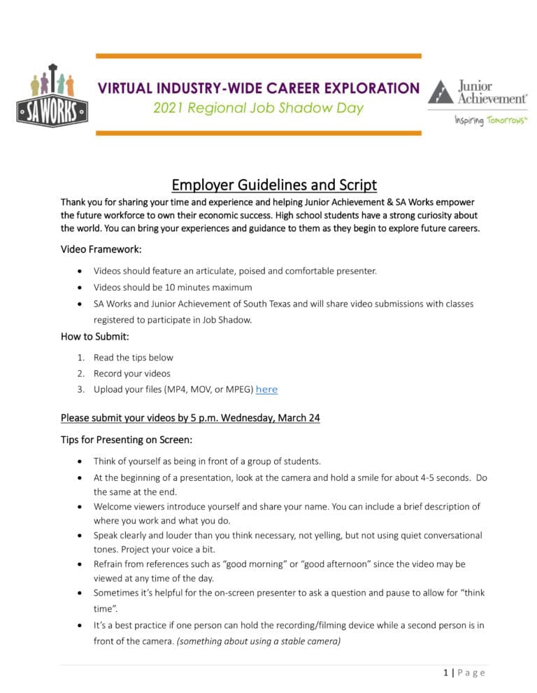 2021 Virtual Job Shadow Information BioMedSA